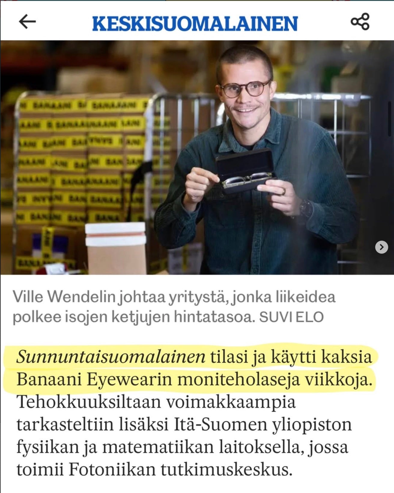 Finnish newspaper Keskisuomalainen: Sunnuntaisuomalainen tested Banaani Eyewear's progressive glasses